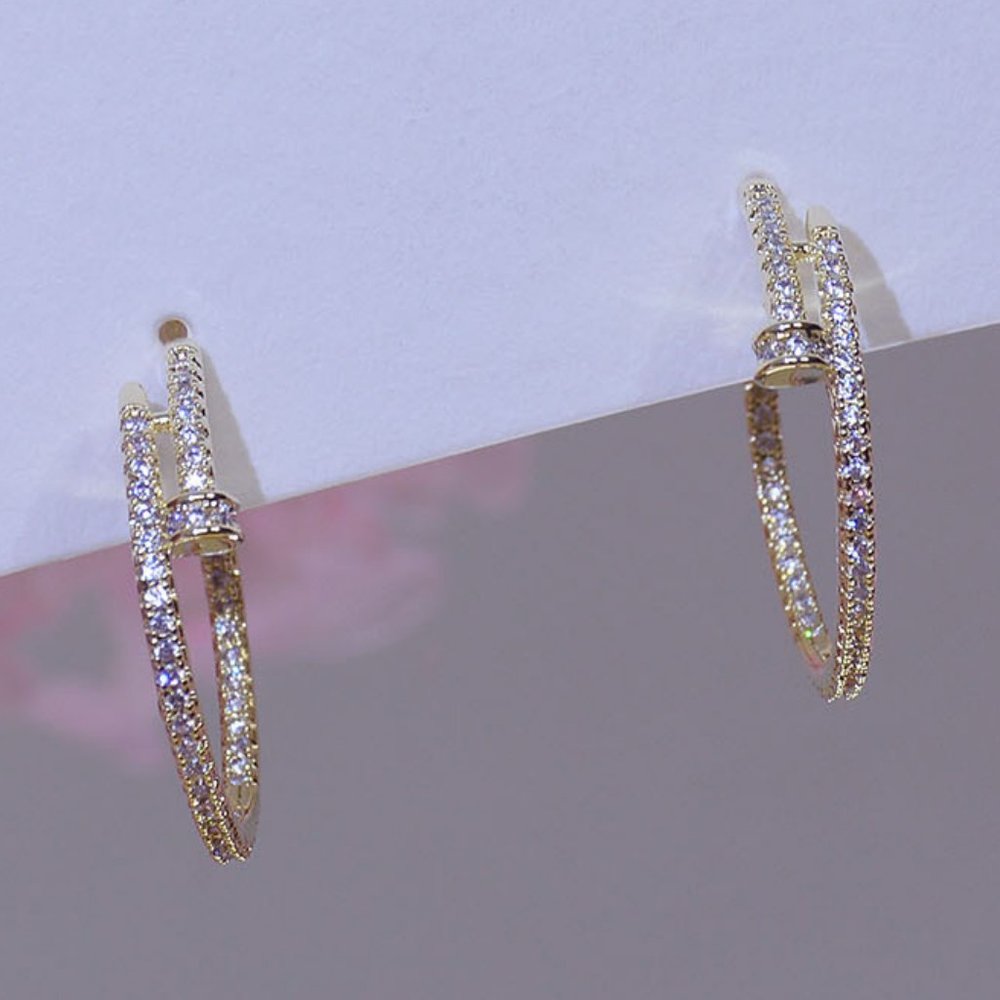 NEW 14K Gold Plated Round Diamond Nail Hoop Earrings - Picture 7 of 11